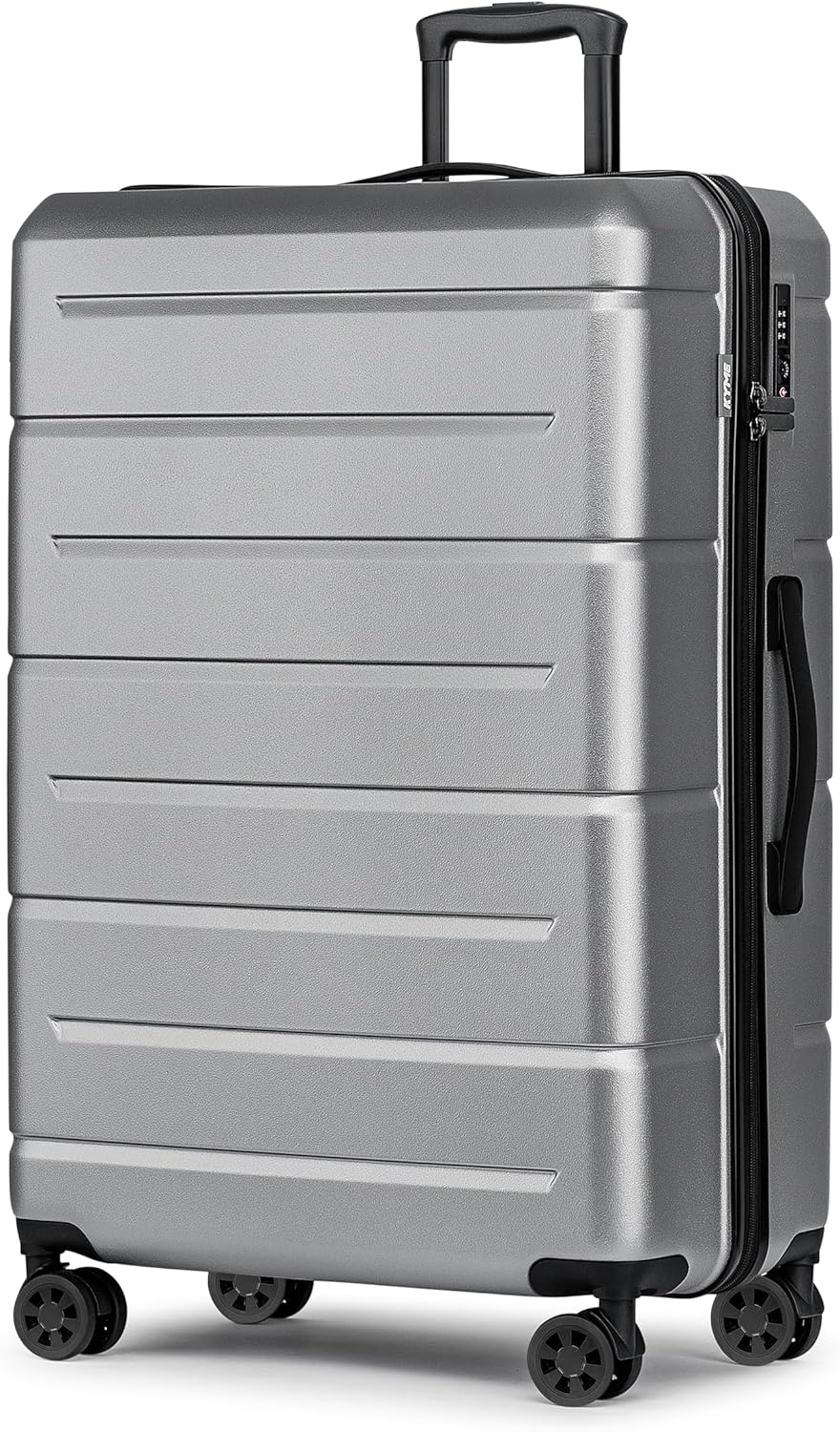 KYME Large Suitcases with Wheels Hardshell 28 Inch Luggage TSA Approved Big Checked Luggage Durable Travel Rolling Suitcase Women Men Silver Grey