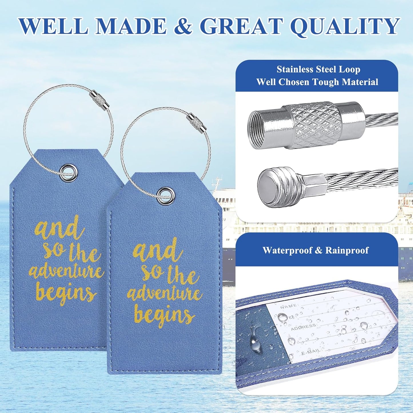Luggage Tag & Initial Baggage Tags for Suitcases Leather Bag Tags for Backpacks Handbag School Instrument with Name ID Label Travel Essentials, Unique Fun Blue Personalized Luggage Tags 2 Pack