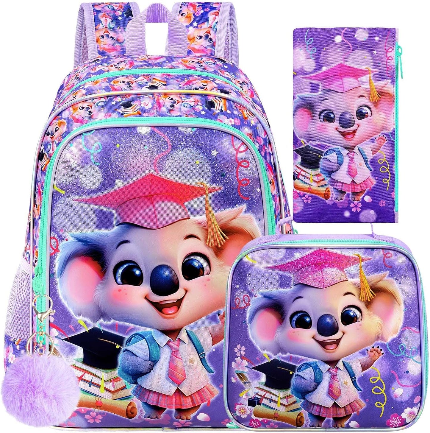 3PCS Koala Bookbag for Girls, 16" Kids Backpack with Lunch Box, Water Resistant Elementary Prechool Toddler Shool Bag - Purple Dr. Koala