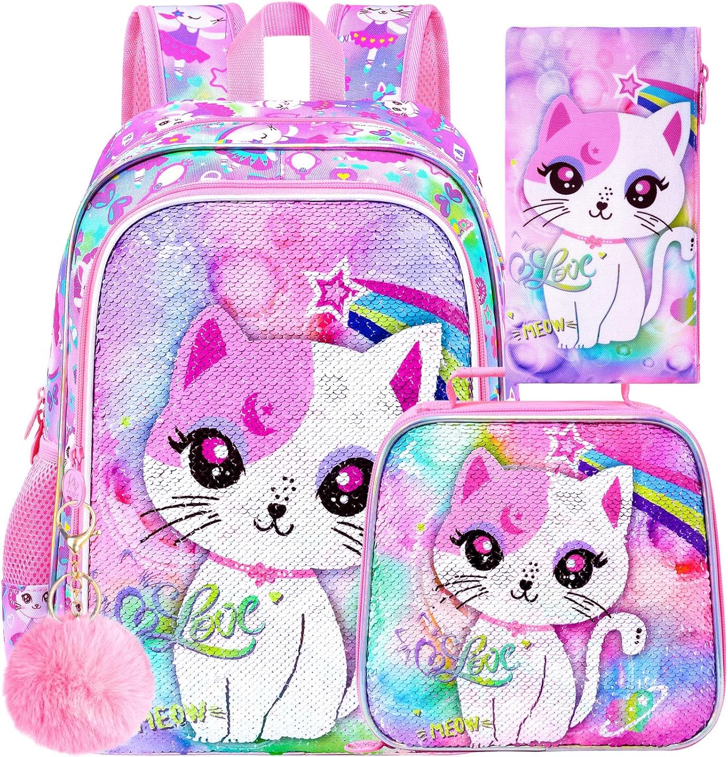 UFNDC 3PCS Backpack for Girls with Lunch Box,16”Kids Sequin Bookbag with Lunch Box, School Bag for