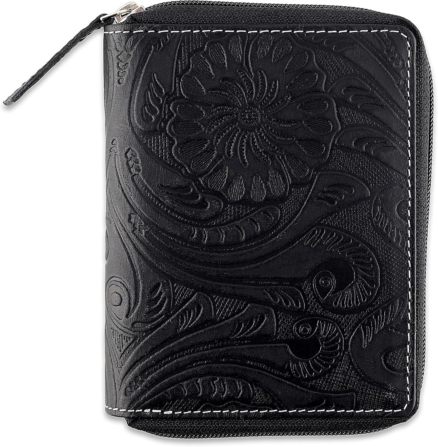 Passport Wallet - Travel Document Holder w/RFID Blocking – Full Grain Leather – Bifold compact zip around Wallet with Credit Card Slots for Women and Men, black floral,500-40