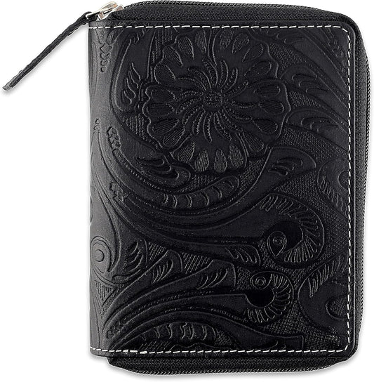 Passport Wallet - Travel Document Holder w/RFID Blocking – Full Grain Leather – Bifold compact zip around Wallet with Credit Card Slots for Women and Men, black floral,500-40