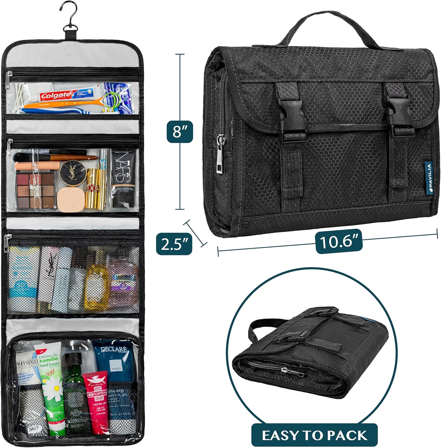 PAVILIA Travel Hanging Toiletry Bag for Women Men, Large Capacity Makeup Bag Kit, Waterproof