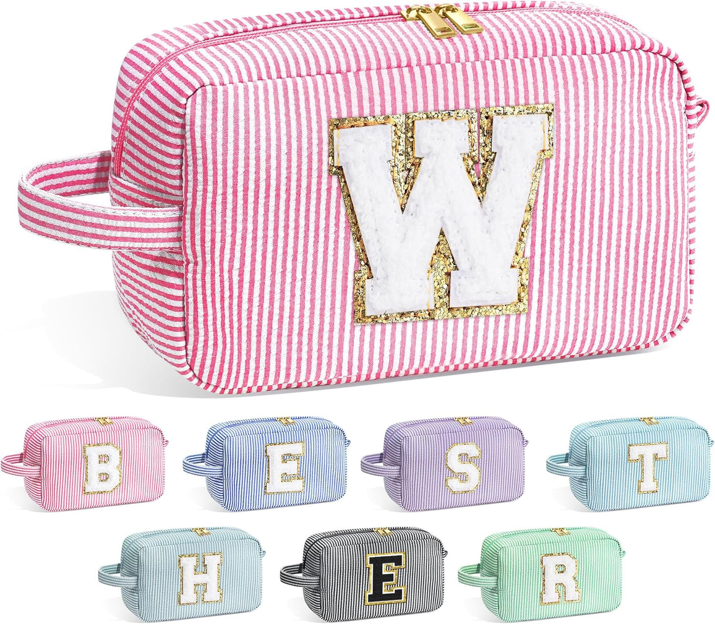 YOOLIFE Monogram Cute Initial Pink Makeup Bags - Cosmetic Toiletry Pouch Make Up Case for Women's Friendship, Personalized Birthday Gifts