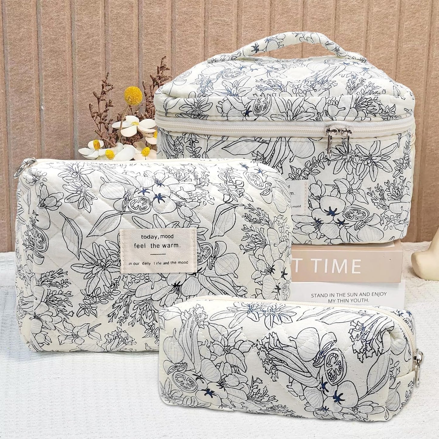 Quilted Makeup Bag, Large Capacity Travel Cosmetic Bag for Women and Girls, Aesthetic Storage for Daily and Travel Use (3pcs-BlackFloral)