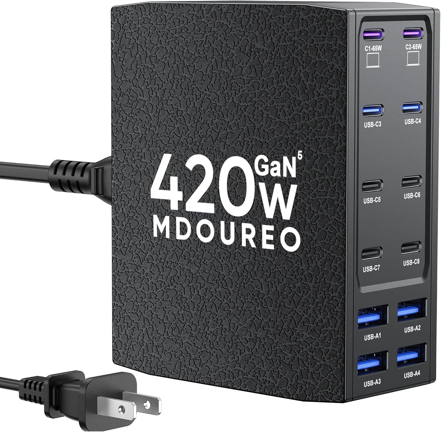 420W USB C Charger Block, 12-Port USB C Charging Station for Multiple Devices, Leather Texture Dual PD 65W Laptop Fast Charger Compatible with MacBook Pro/Air, iPad, iPhone,Galaxy and More, Black