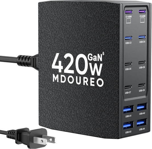 420W USB C Charger Block, 12-Port USB C Charging Station for Multiple Devices, Leather Texture Dual PD 65W Laptop Fast Charger Compatible with MacBook Pro/Air, iPad, iPhone,Galaxy and More, Black