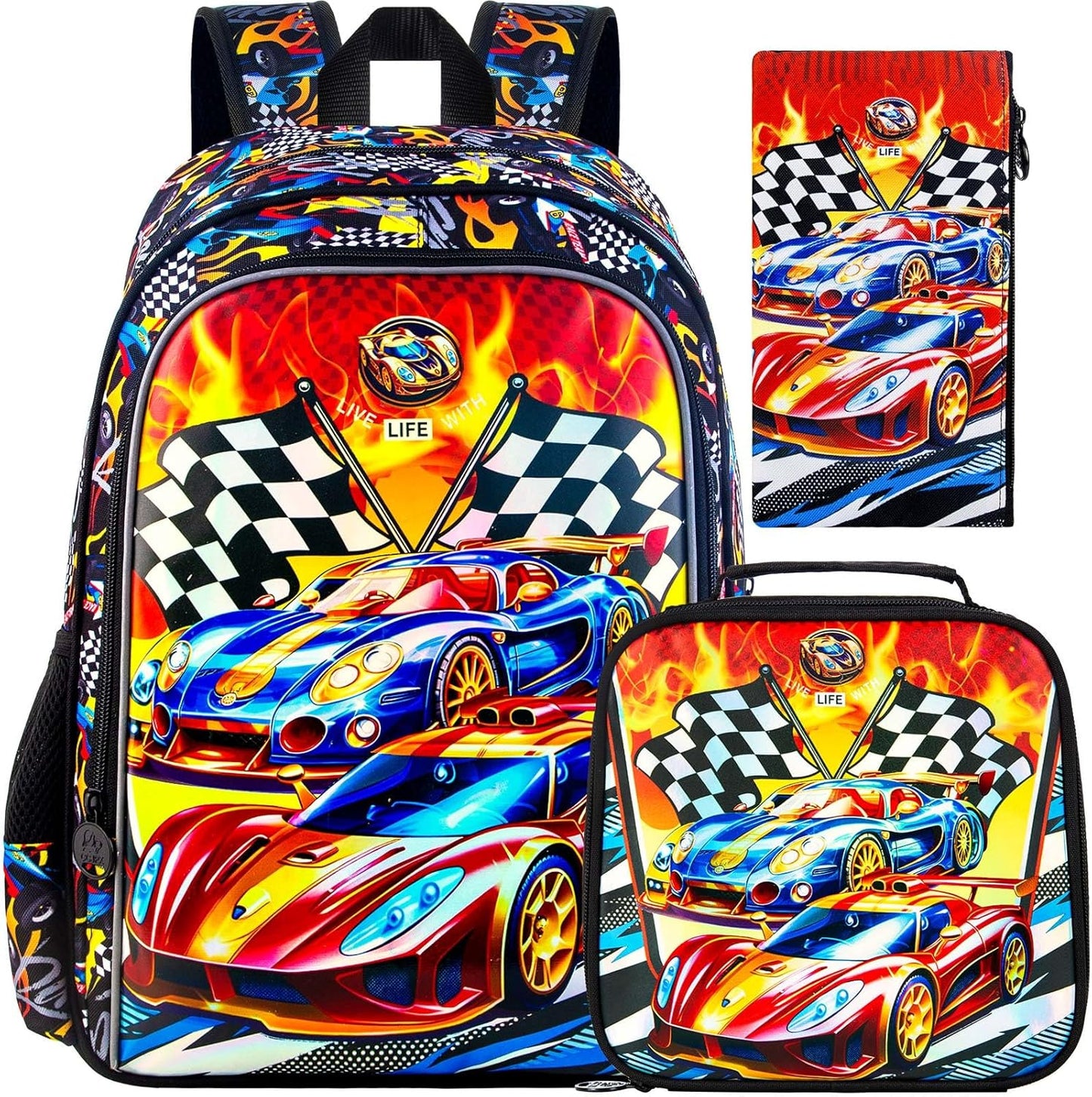 3PCS Car Backpack for Boys, Water Resistant Kids Bookbag Set with Lunch Box, Cute School Bag for Preschool Toddler