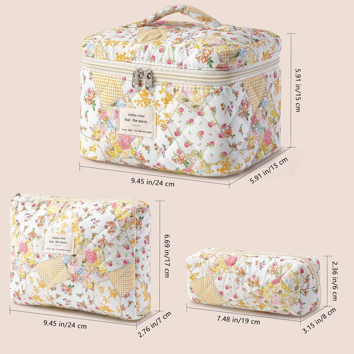 HBselect Quilted Makeup Bag, 3PCS Cotton Large Travel Makeup Bag, Cute Floral Coquette Make up Bag Cosmetic Bag Toiletry Bag for Women Girls