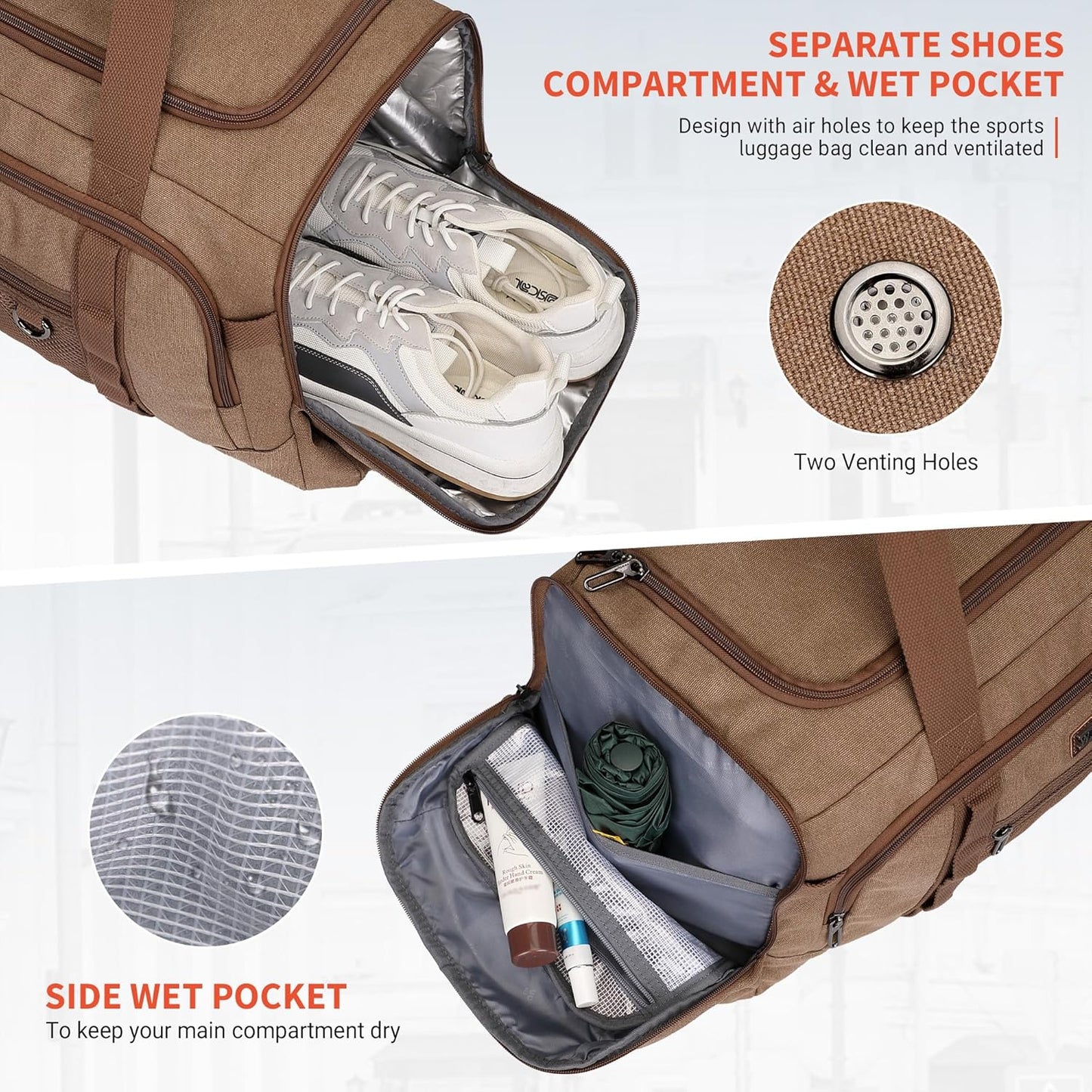 WITZMAN Canvas Duffel Bags for Men Traveling 3 in 1 Backpack Carry-on 40L Weekender Overnight Bag with Shoe Compartment(A8006/2 Brown)