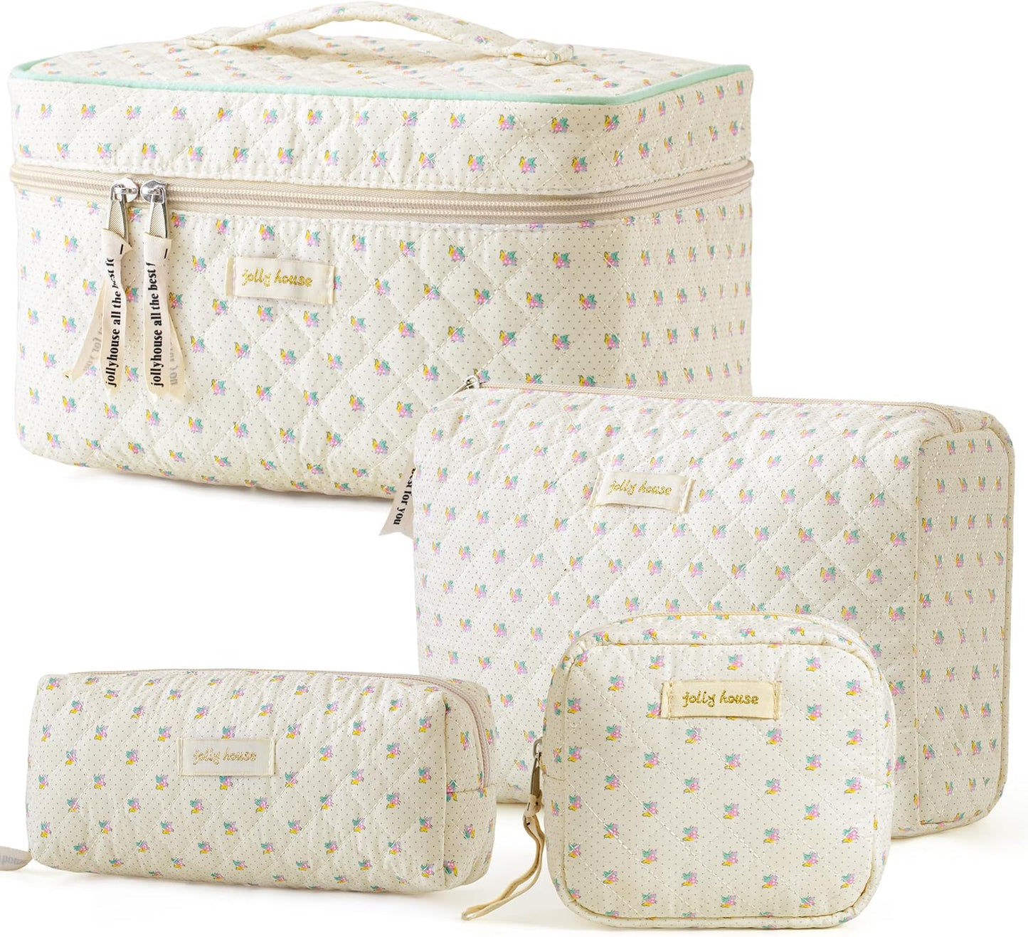 HBselect 4Pcs Cotton Quilted Coquette Makeup Bag - Large Travel Cosmetic Bag - Aesthetic Cute Kawaii Floral Makeup Bag - Toiletry Bags - Coin Purse for Women Girls