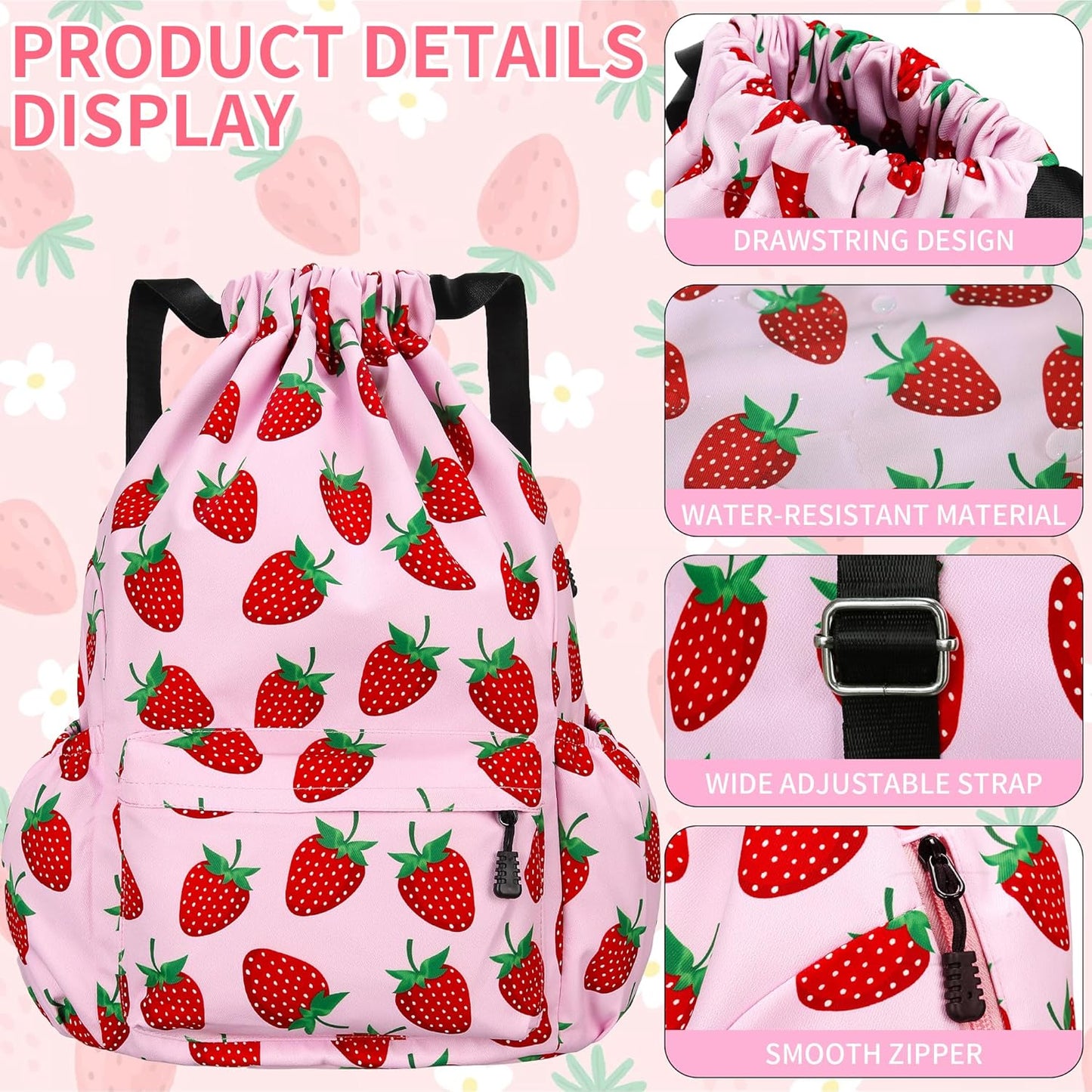 Drawstring Backpack for Women Drawstring Gym Bag Water Resistant Small Cinch Sack Pull String Backpack Bag (Strawberry)