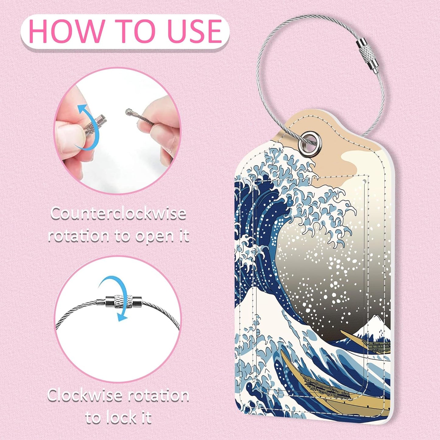 Luggage Tags for Suitcase,2 Pack The Great Wave Luggage Tag,PU Leather Id Label Luggage Tags with Stainless Steel Loop and Privacy Cover for Women Men Teens Travel
