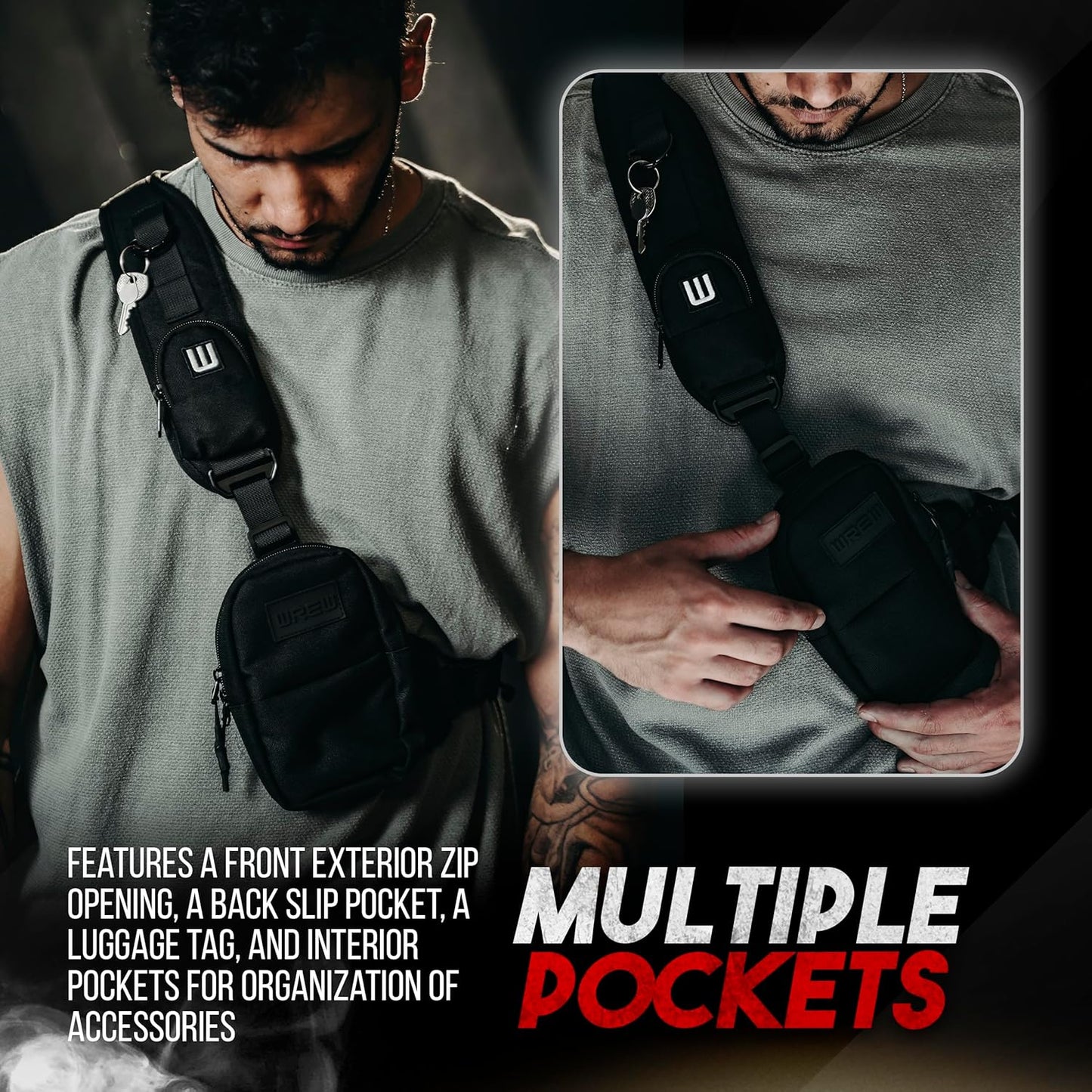 Small Sling Bag for Men-Cross body bag with Shoulder Straps,Mini Sling Crossbody bag for Women-Travel Backpack for Hiking,Daypack Multipurpose Over the Shoulder Chest Bags with Keyholder(Black)