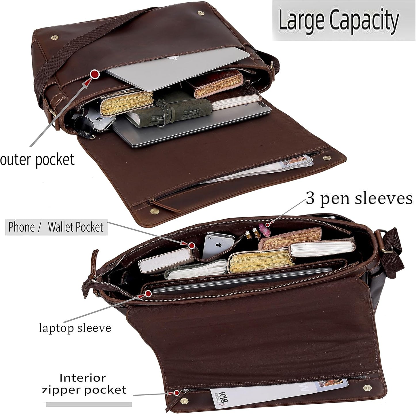 Full Grain Leather Messenger Bag for Men & Women