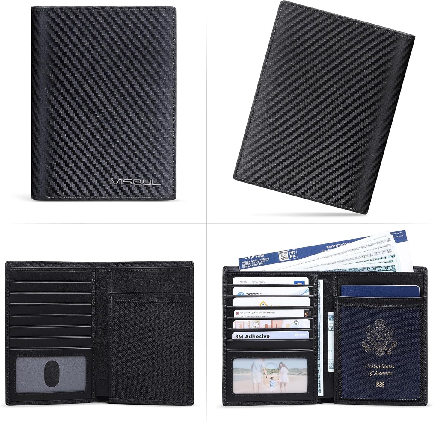 VISOUL Leather Travel Wallet with Passport Holder, Passport Cover Wallet with RFID Blocking for Men and Women-Carbon Black