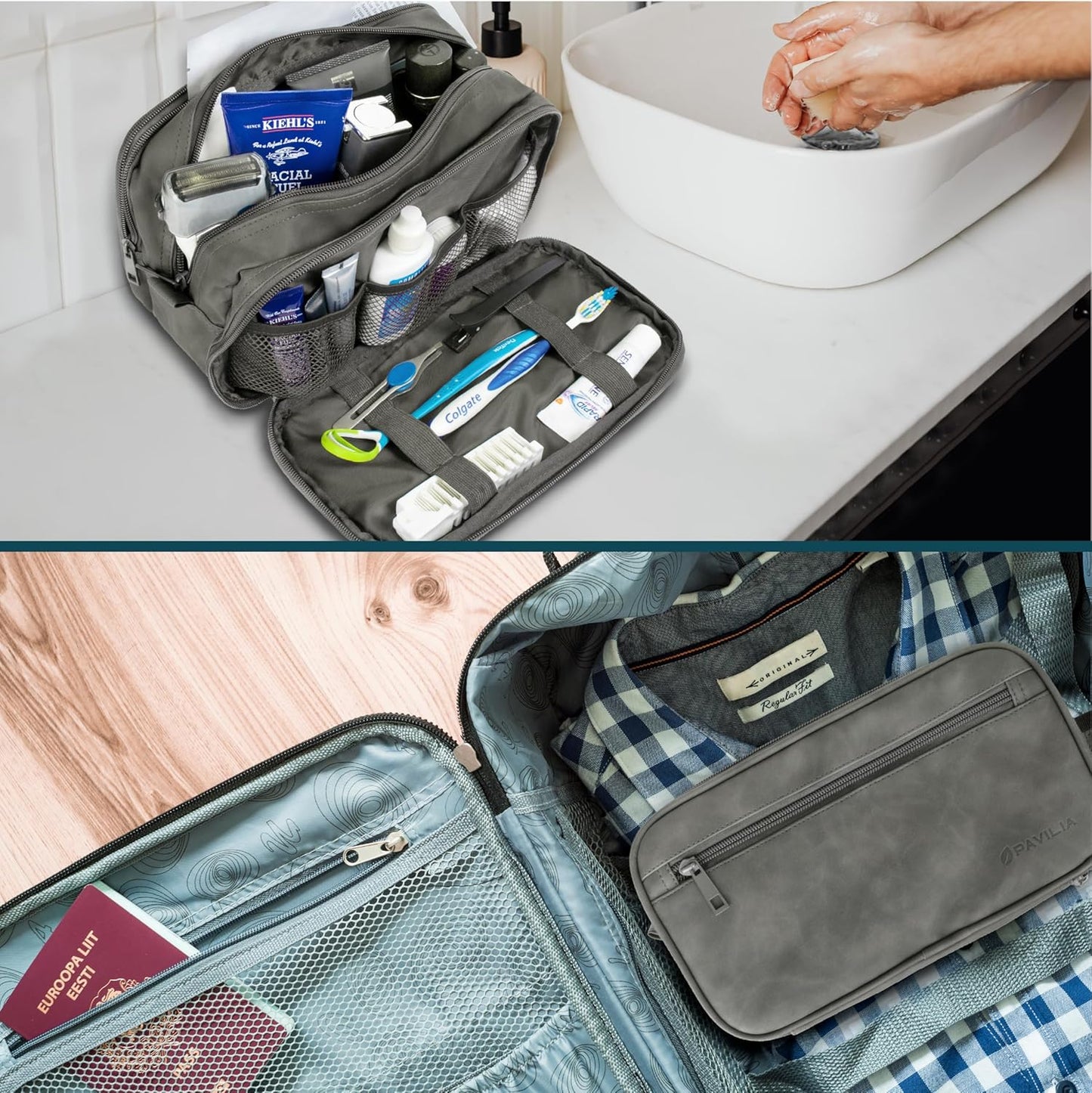 PAVILIA Toiletry Bag for Men, Travel Pouch Essentials Shaving Dopp Kit, Travel Bag Toiletries Organizer Case, Cosmetic Make Up Accessory, Water Resistant