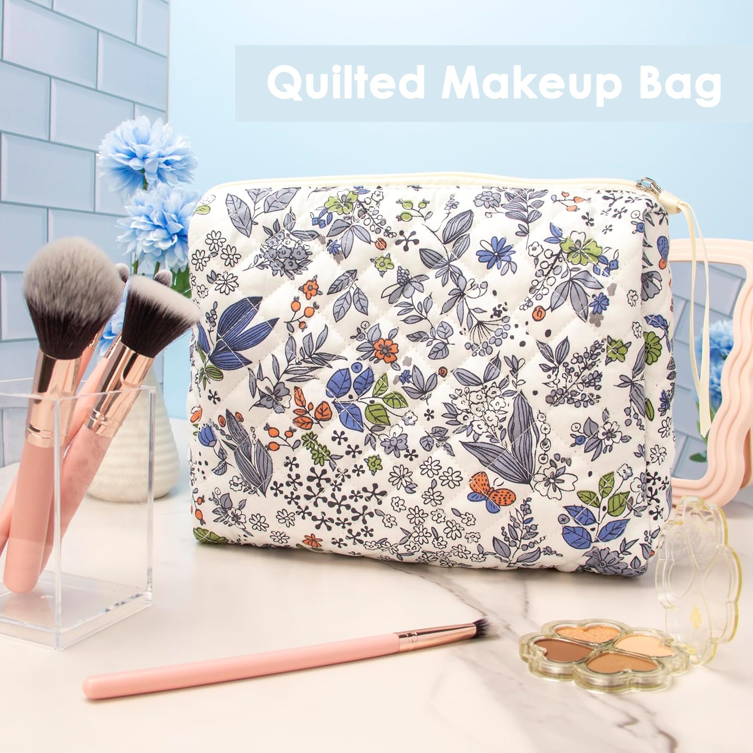 PAZIMIIK Quilted Makeup Bag Large Travel Zipper Soft Cosmetic Pouch for Women Girls Make Up,Leaf