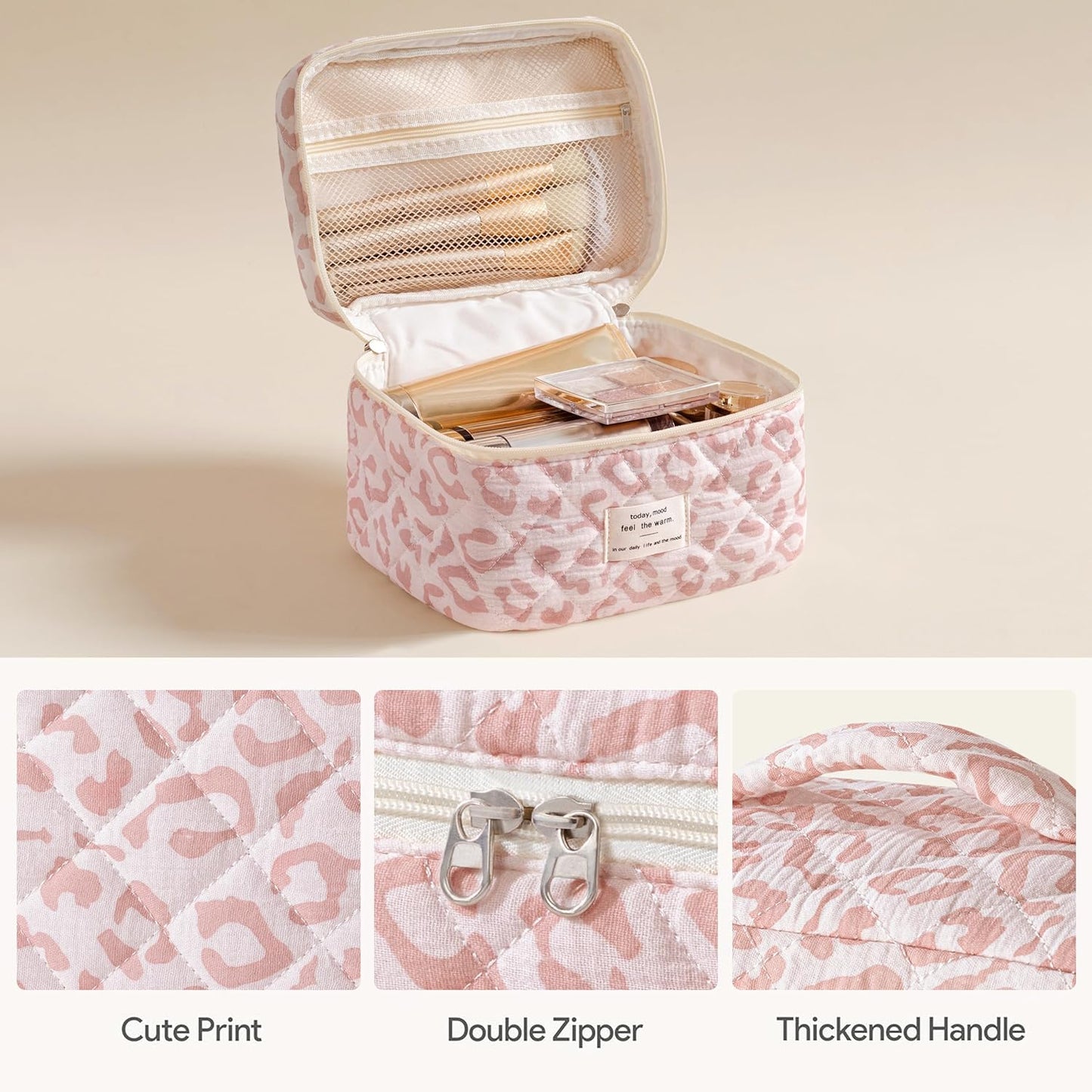 HBselect Quilted Makeup Bag, 3PCS Cotton Large Travel Makeup Bag, Cute Floral Coquette Make up Bag Cosmetic Bag Toiletry Bag for Women Girls