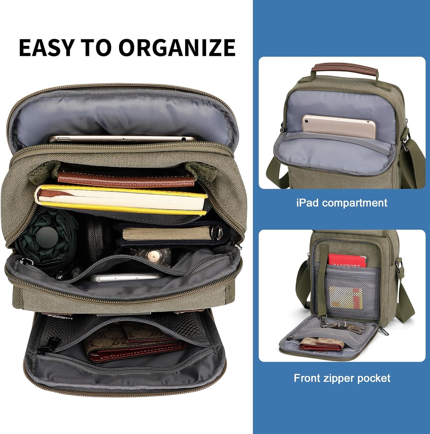 WITZMAN Canvas Small Messenger Bag for Men Crossbody Bag Multi-pocket Casual Shoulder Bag Travel Chest Bag