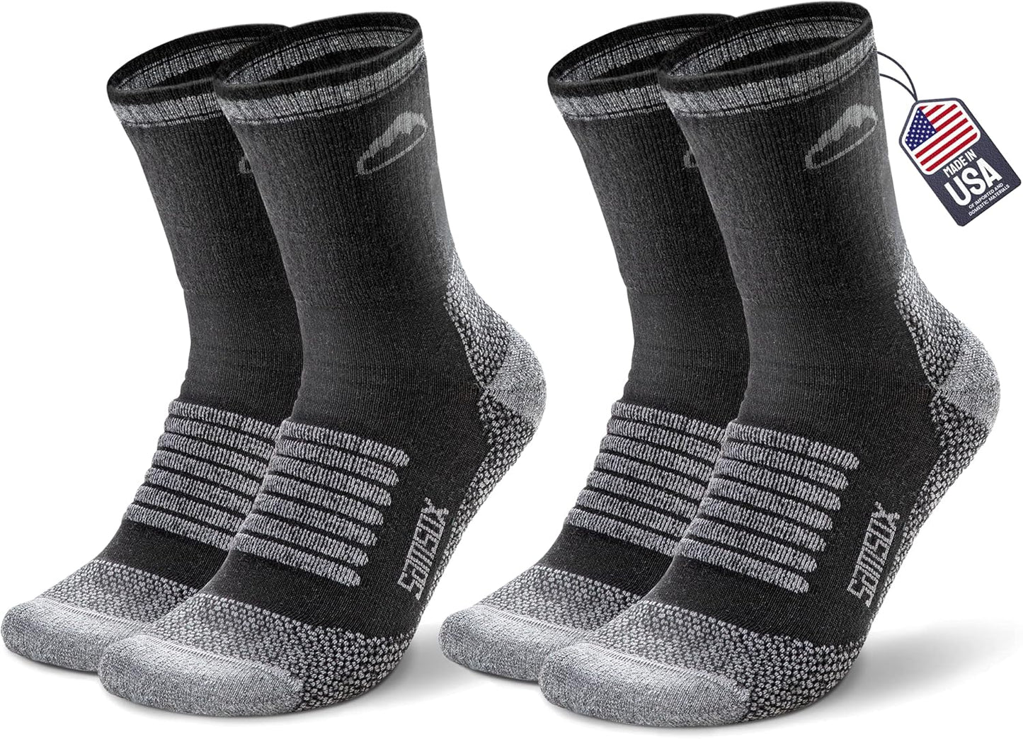 2 Pack Merino Wool Hiking Socks, Made in USA, Moisture Wicking Cushion Socks for Men & Women (Charleston Micro Crew)