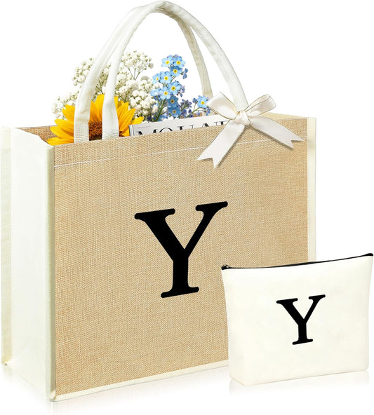 Initial Canvas Tote Bag & Makeup Bag for Women Teacher Bridesmaids，Personalized Present for Wedding, Birthday, Beach