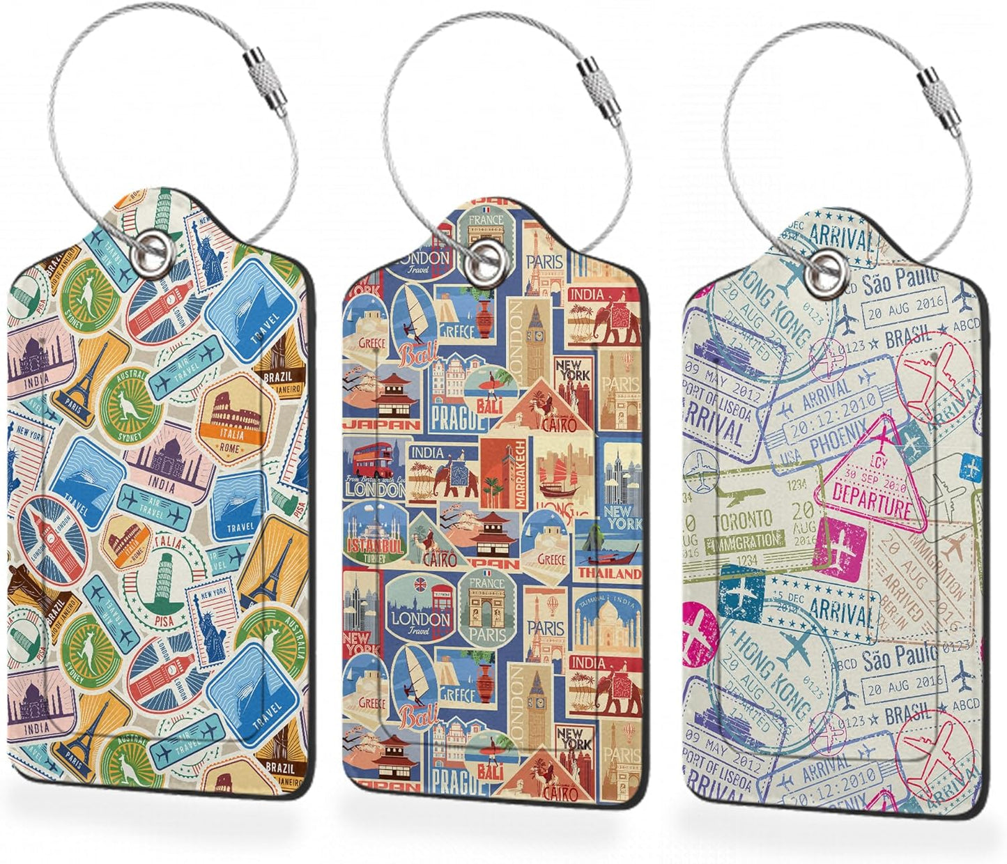 Set of 3 Luggage Tags,Travel Stamp Leather Suitcases Tag Identifiers with Privacy Name Address Labels & Durable Steel Loop for Women Men Travel