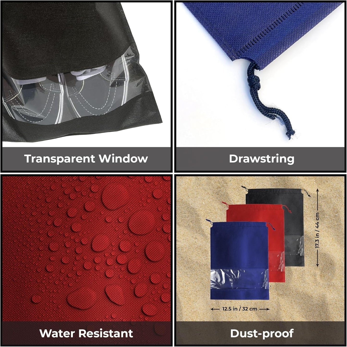 Travel Shoe Bag for Packing in Suitcase, Organizing & Storage (12 Pack) - Reusable Dustproof & Water Resistant Pouch Protectors for Accessories, Laundry & Toys with Clear Window & Drawstrings. (Black)