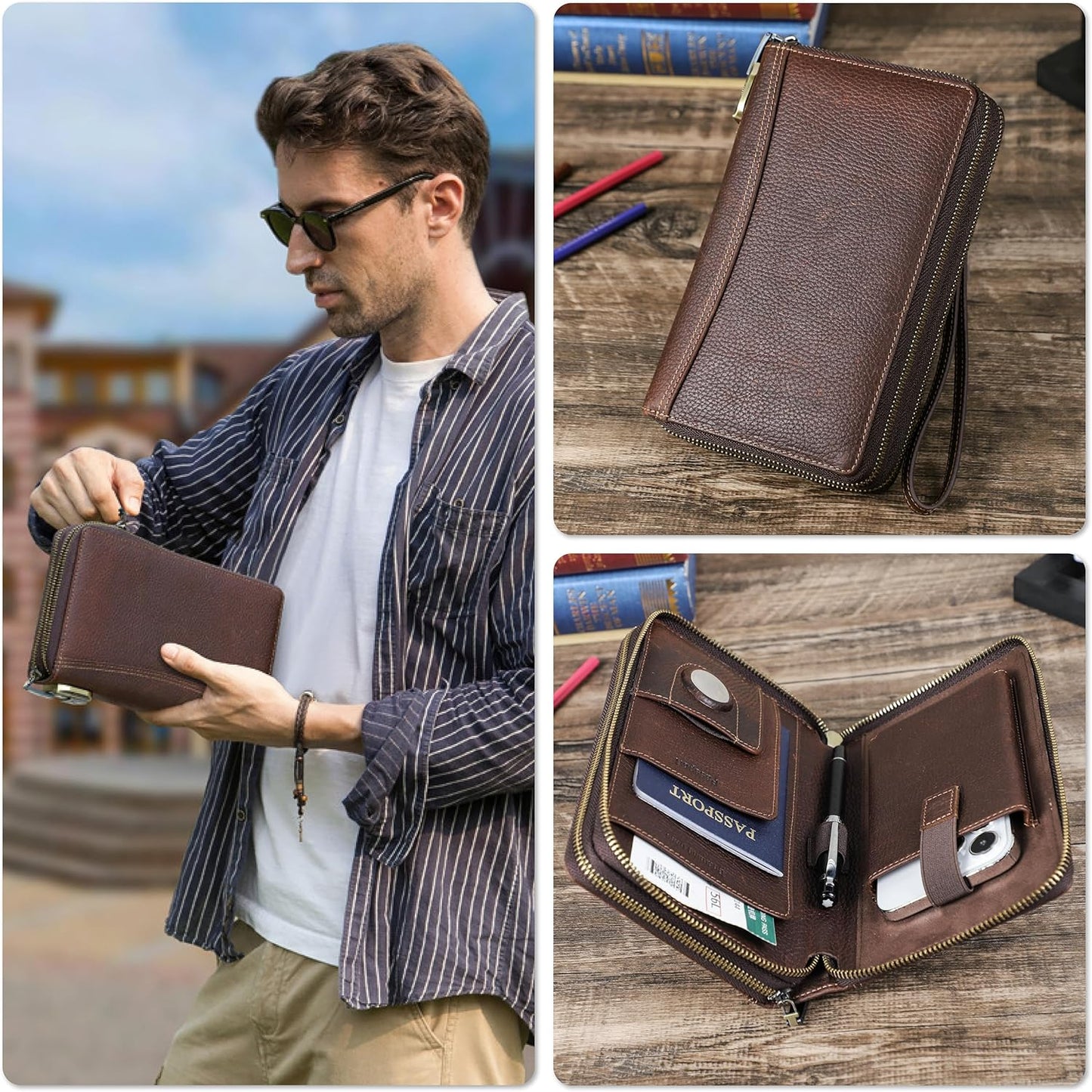 Top Grain Genuine Leather Zipper Clutch Wristlet Wallet for Man & Woman, Handmade, Multi Slots & Pockets & Combination Lock, RFID Large Capacity for Cards/Checks/Passports/Phone/Pen/AirTag, Red Coffee