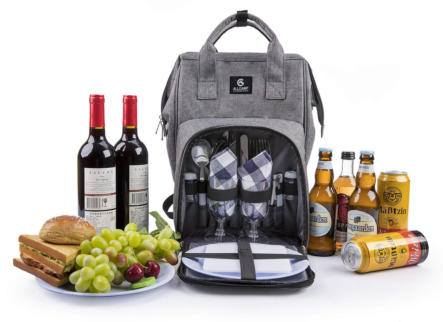 ALLCAMP Picnic Backpack, 2-Person Set with Blanket and Wine Holder, Gray