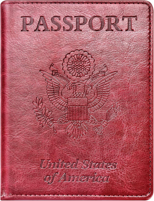 Real Leather Wallet RFID Family Passport Holder Waterproof Travel Black (Red)