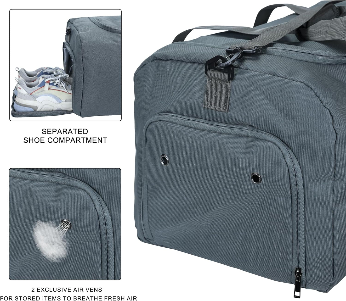Duffle Bag for Men 65L, Travel Bag with Shoes Compartment, Large Capacity Duffel Bag, Water Resistant & Tear Resistant Women Weekender Bag with Shoulder Strap for Sports Gym Travel Camping (Gray)