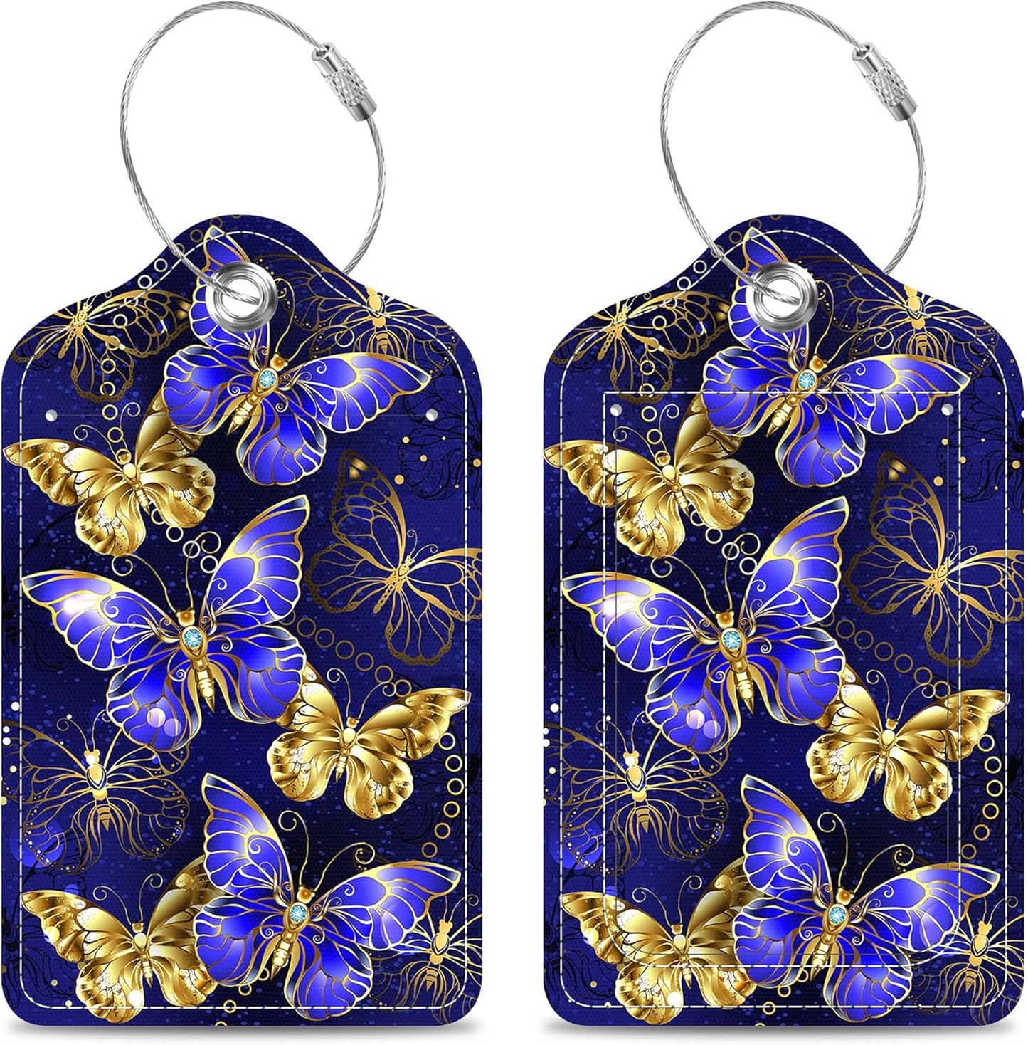 2 Pack Luggage Tags for Suitcase Sapphire and Gold Butterflies Leather Stainless Steel Loop Label Tags for Women Men Travel Bag Suitcase with Privacy Cover Name ID Card