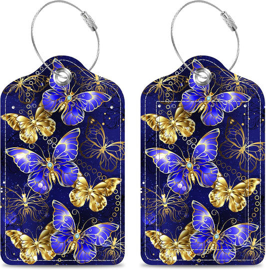 2 Pack Luggage Tags for Suitcase Sapphire and Gold Butterflies Leather Stainless Steel Loop Label Tags for Women Men Travel Bag Suitcase with Privacy Cover Name ID Card