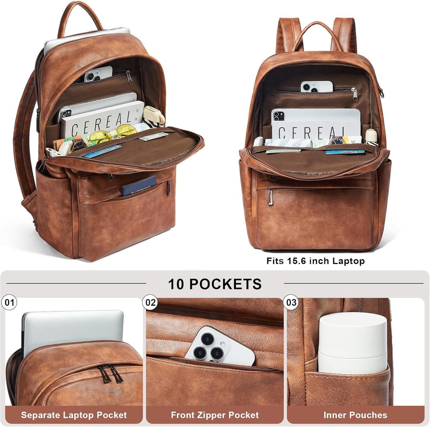 Leather Laptop Backpack for Women, Fits 15.6 Inch Laptop, Leather Backpack with 2 Water Bottle Pockets, Hidden Zipper and Luggage Strap, Ideal for Work, Travel, College, Everyday Use, Brown