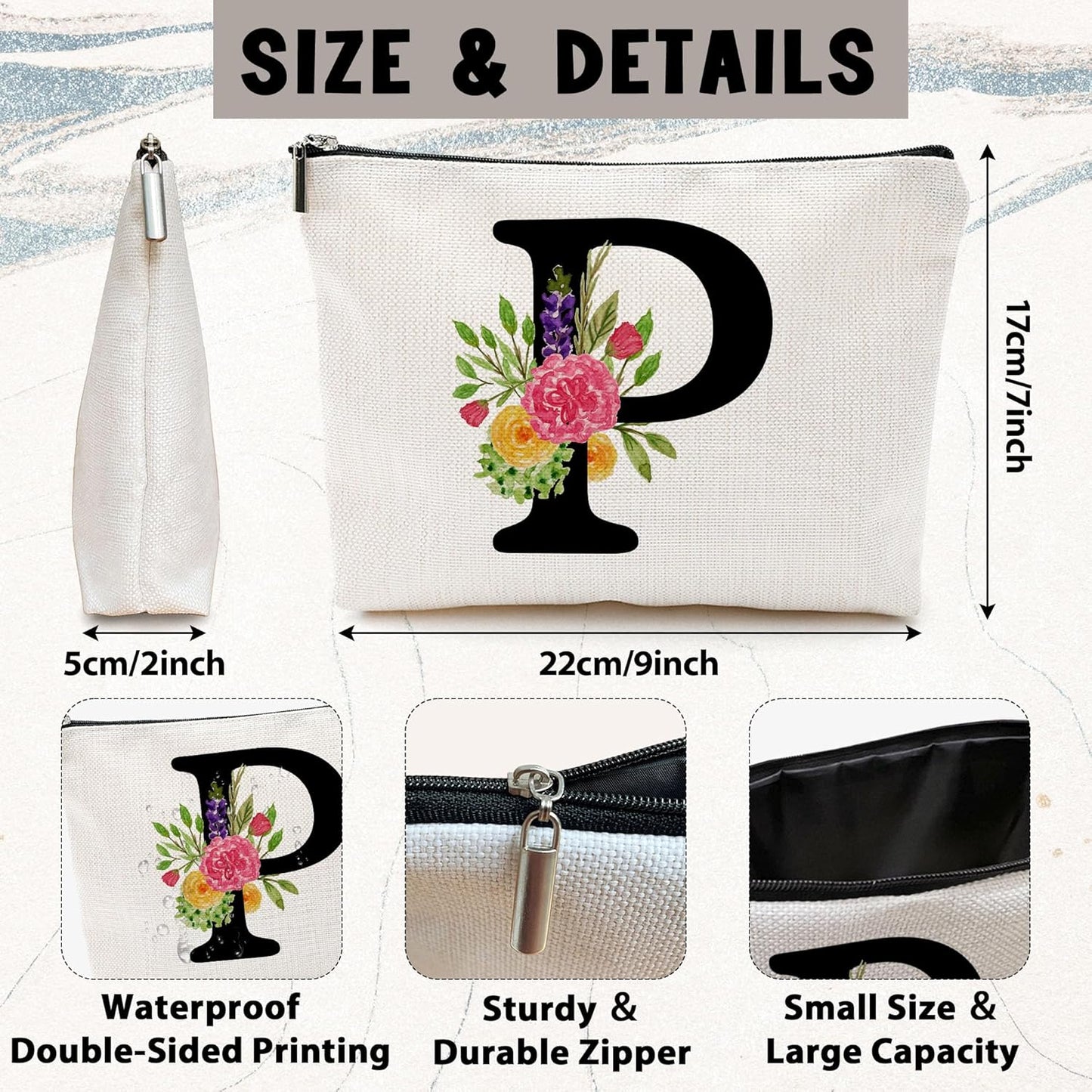 Personalized Letter P Makeup Bag for Women, Birthday Gifts for Mom, Small Zipper Pouch for Purse, Christmas Bridesmaid Friendship Gifts for Sister Daughter, Girls Weekend Gifts for Women-A16