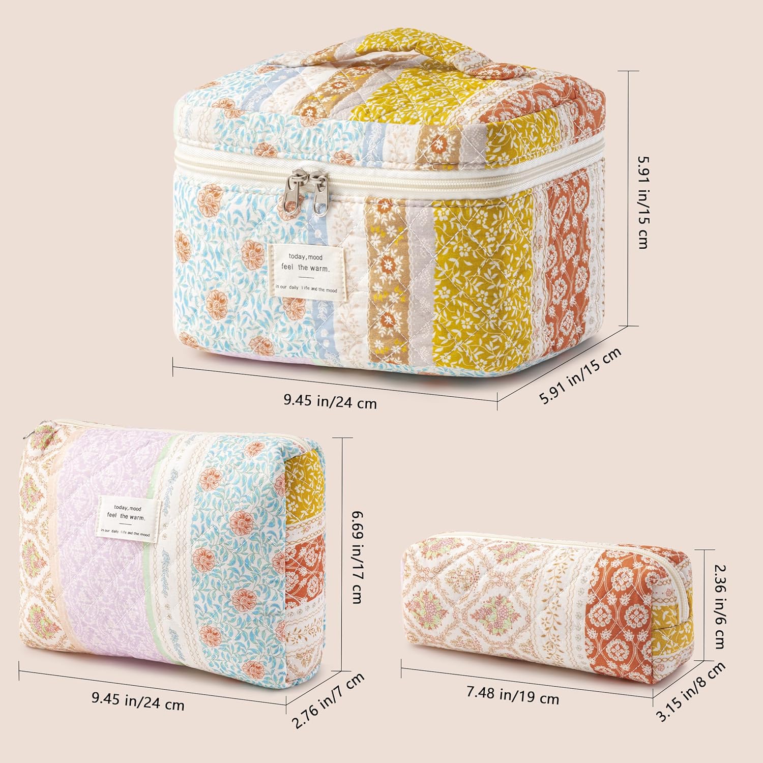 HBselect Quilted Makeup Bag, 3PCS Cotton Large Travel Makeup Bag, Cute Floral Coquette Make up Bag