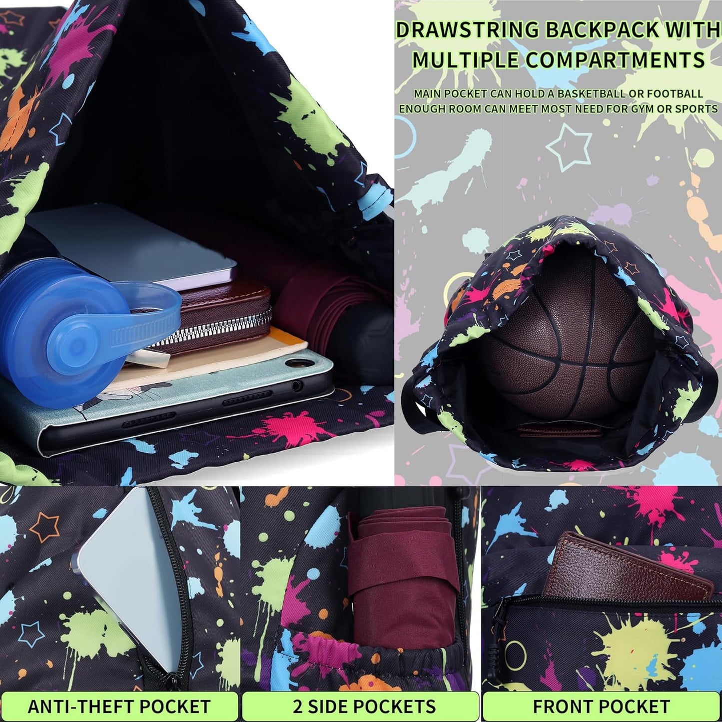Drawstring Backpack for Women Drawstring Gym Bag Water Resistant Small Cinch Sack Pull String Backpack Bag (Tie-dye)