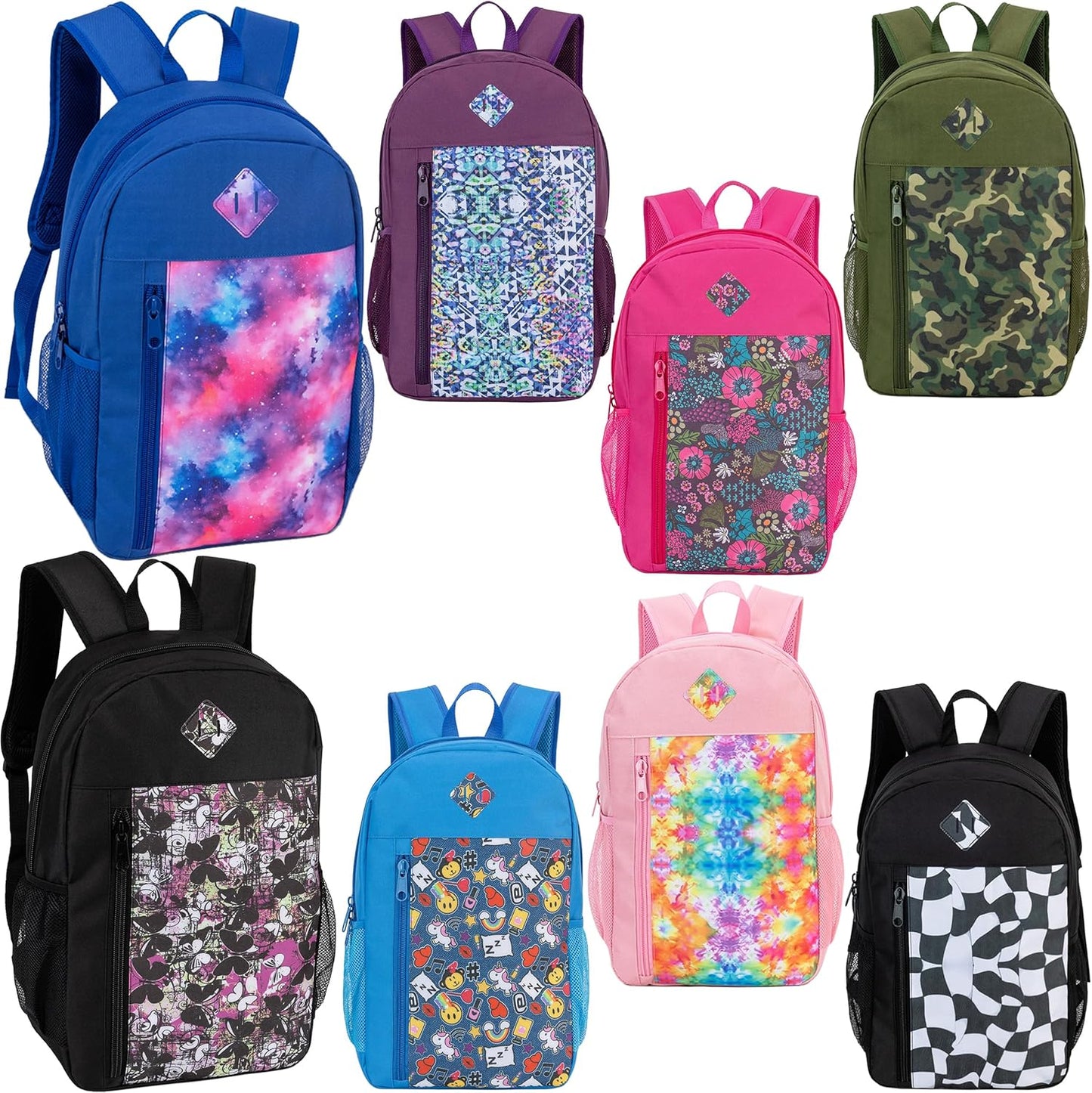 24-Pack 19" Padded Back Backpacks for Kids - Bookbags in Bulk for Middle and High School Students, 8 Assorted Prints