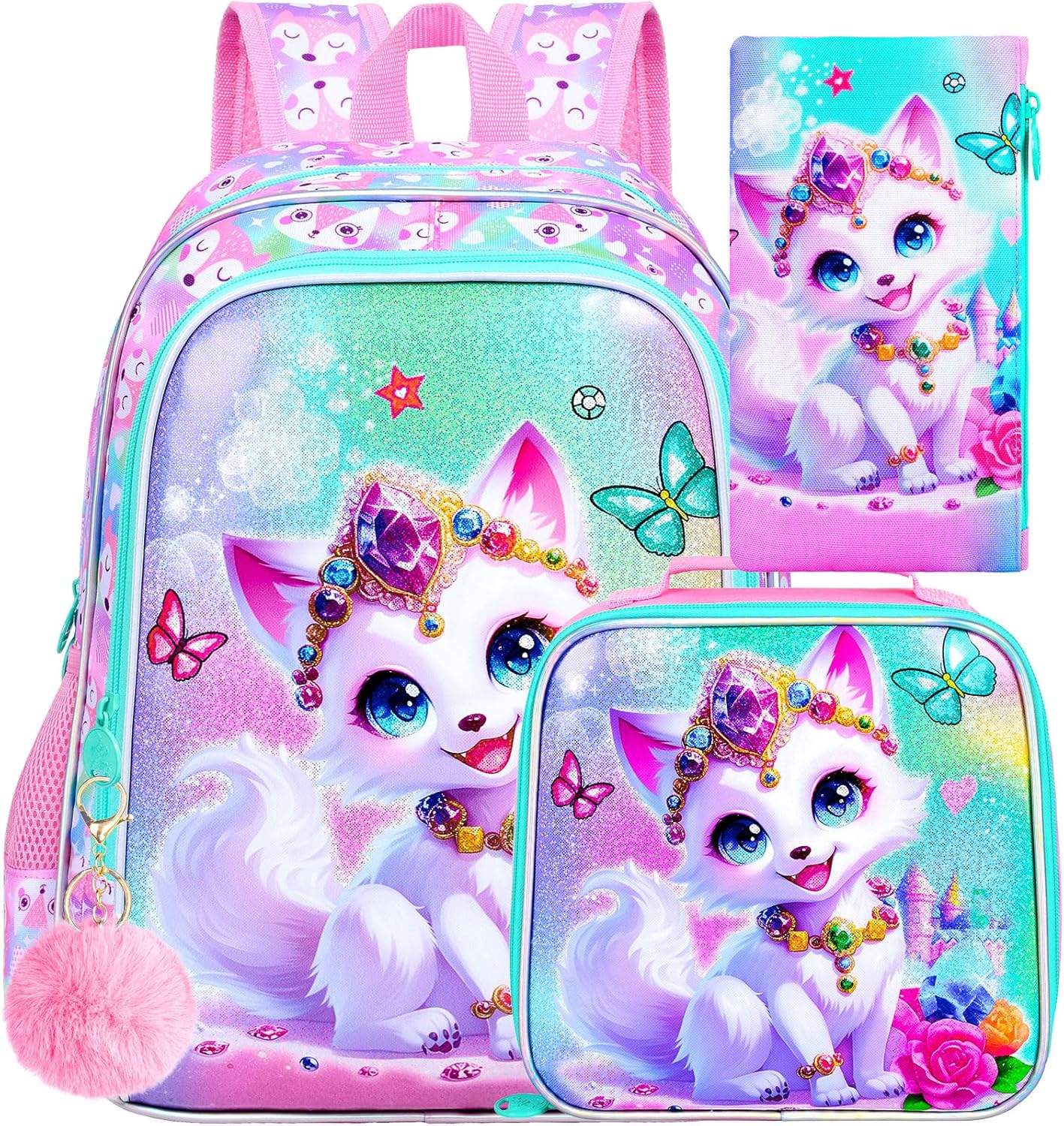 16" Fox Backpack for Girls, 3Pcs Kids Bookbag for Elementary Preschool Kindergarten, School