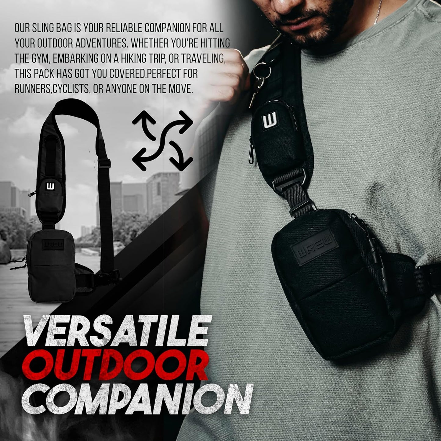 Small Sling Bag for Men-Cross body bag with Shoulder Straps,Mini Sling Crossbody bag for Women-Travel Backpack for Hiking,Daypack Multipurpose Over the Shoulder Chest Bags with Keyholder(Black)