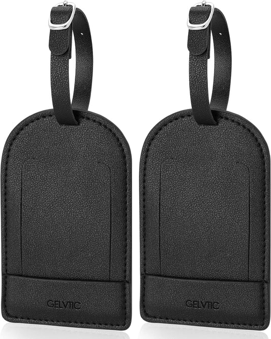 Faux Leather Luggage Tags for Suitcase Tag Set Privacy Protection with Identifie Name Lable ID Card Baggage tag for Men Women Travel Accessories, 2/4 Pack (LT06-Black)