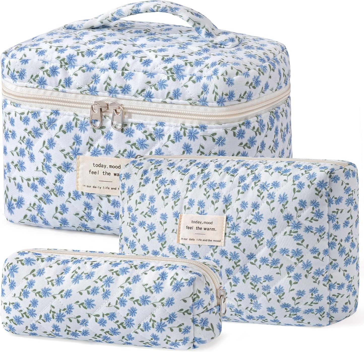 HBselect Quilted Makeup Bag, 3PCS Cotton Large Travel Makeup Bag, Cute Floral Coquette Make up Bag Cosmetic Bag Toiletry Bag for Women Girls