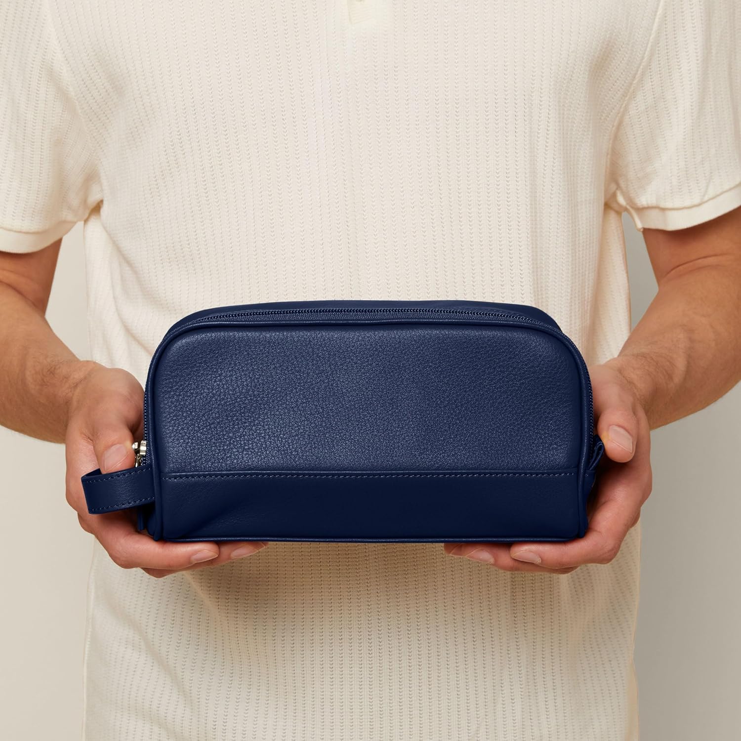 Leatherology Navy Blue Leather Toiletry Bag – Small Double Zip Dopp Kit – Full Grain Leather Travel