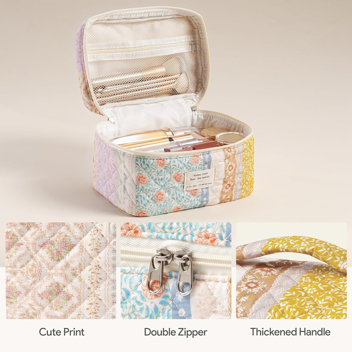 HBselect Quilted Makeup Bag, 3PCS Cotton Large Travel Makeup Bag, Cute Floral Coquette Make up Bag