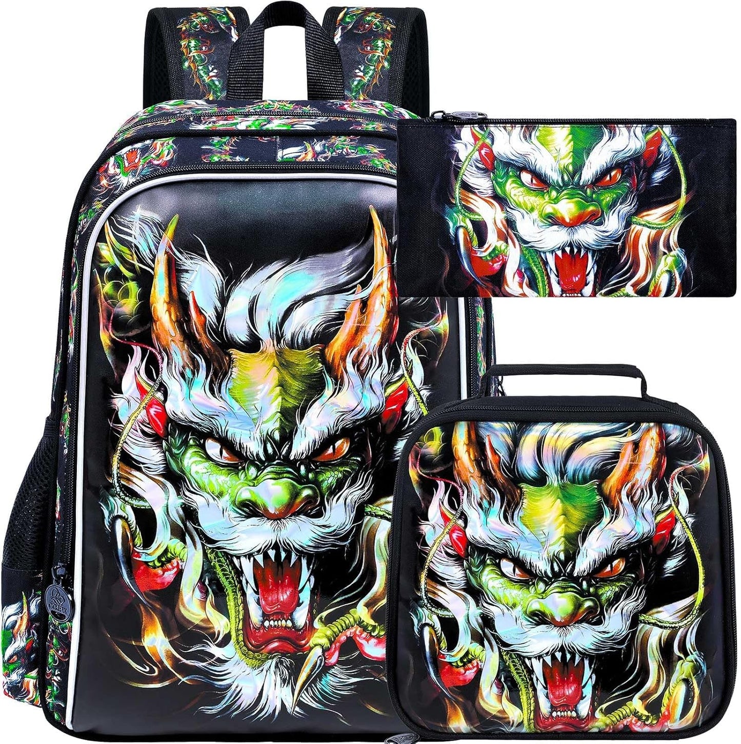 UFNDC 3PCS Kids Dragon Backpack, Boys School Bag with Lunch Box, 17" Water Resistant Bookbag for Teenagers Elementary Middle