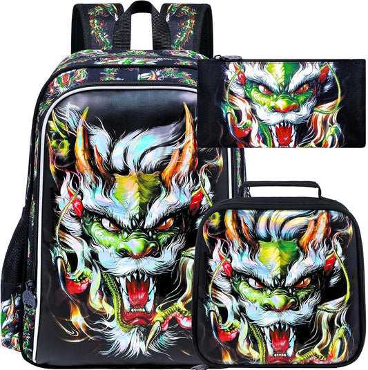 UFNDC 3PCS Kids Dragon Backpack, Boys School Bag with Lunch Box, 17" Water Resistant Bookbag for Teenagers Elementary Middle