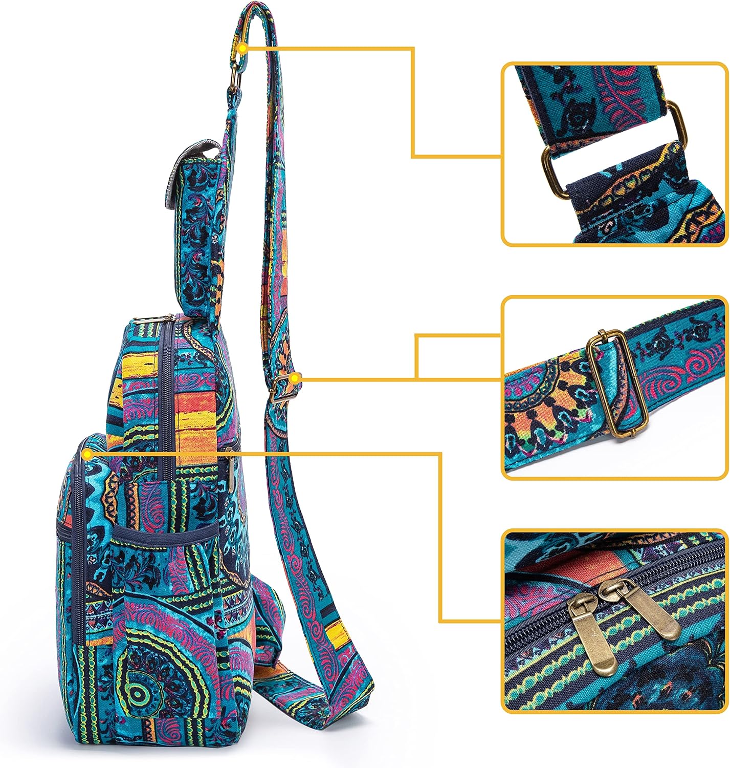 Coton Pose Women sling bag Elephant canvas large boho backpacks bohemian Crossbody Bag (green purple)