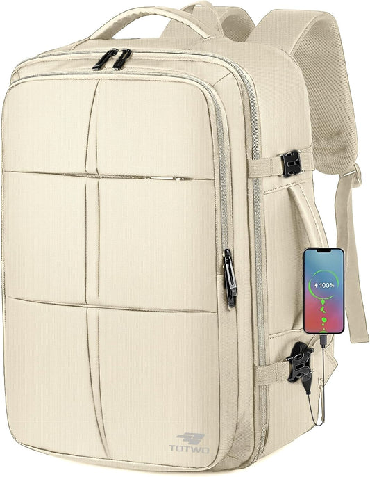 TOTWO Travel Backpack, Carry On Backpack for Men Women, 55L Extra Large Bag Waterproof Business Luggage Casual Bag Fits 18.4 Inch Laptops with USB Charging Port, Travelers Gift, Beige
