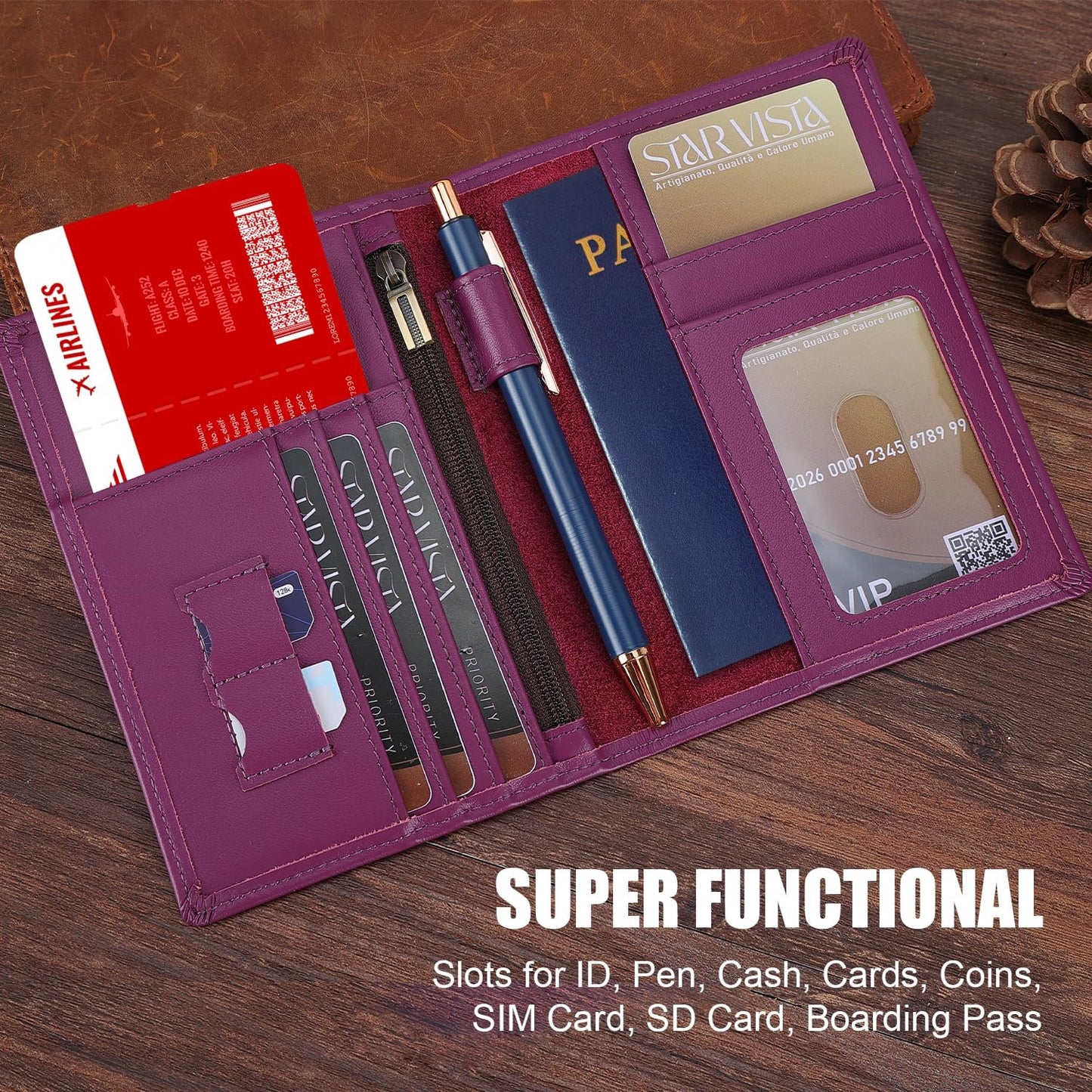 STAR VISTA Phoenix Leather Passport Holder, Calfskin Travel Wallet - RFID Blocking, ID Window, Zipper Pocket, Pen & Notebook Included, Violet